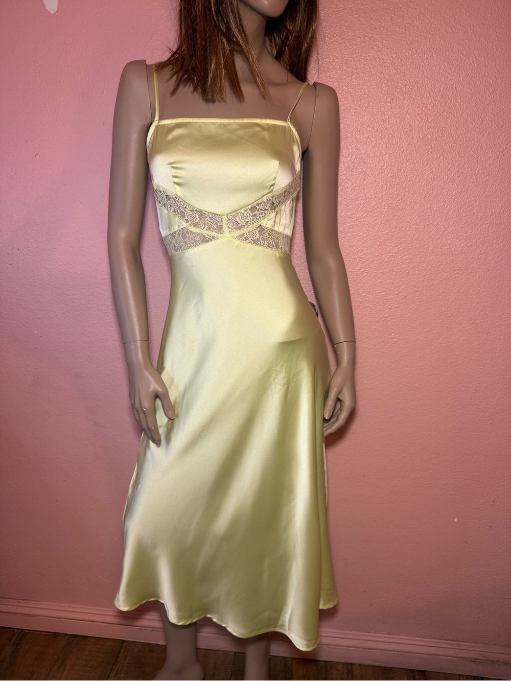 NWT Satin Lace Open Back Midi Dress in Butter Yellow | Size Small